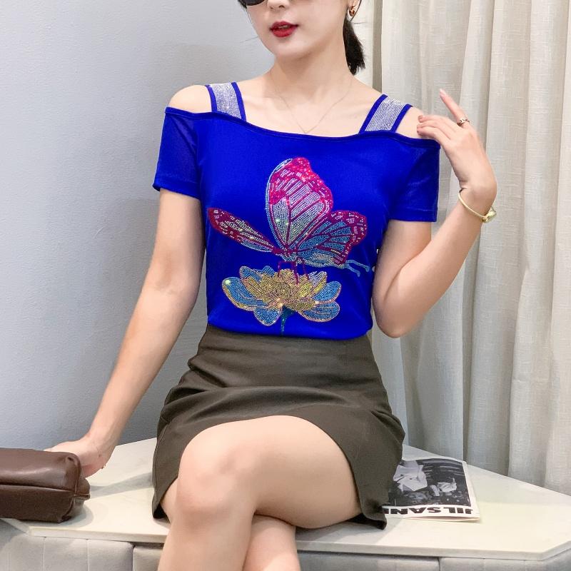 TrendHub Sexy Off Shoulder T Shirt for Women Luxury Flower Diamonds Short Sleeve Tee Summer Fashion Womens Mesh Tee Shirts Top