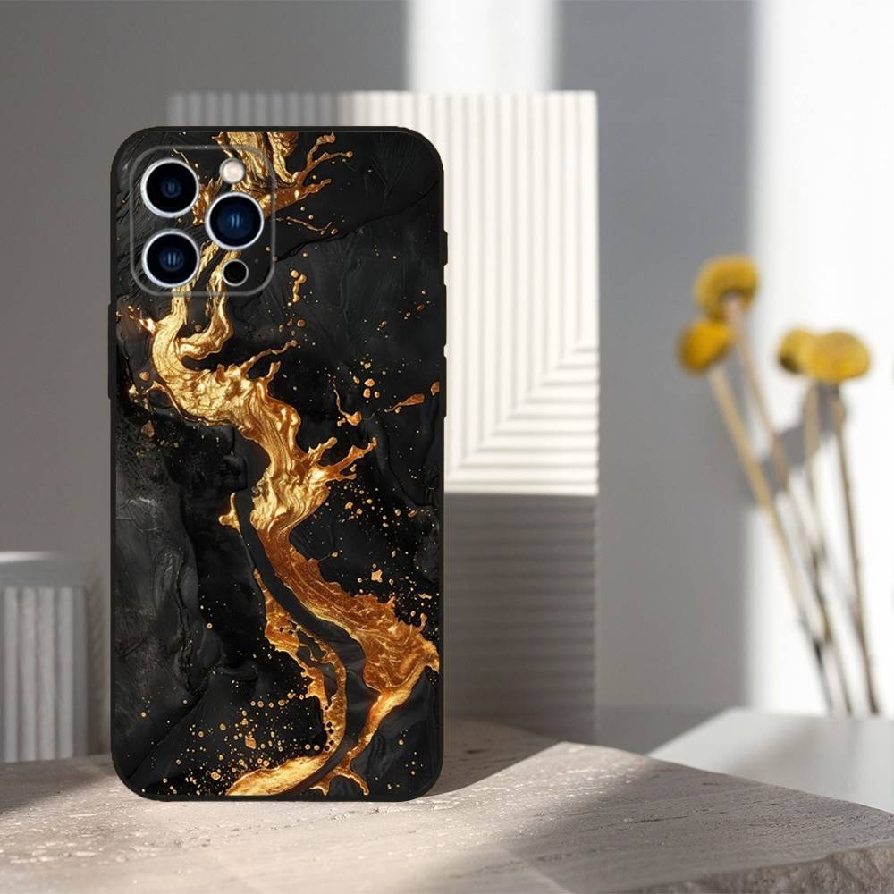 Black Gold Art Marble For iPhone 12,14,13,15,16,11,17,X,Mini,XR,SE,XS,Plus,Pro,Max,8,7,Soft Silicone Black Case