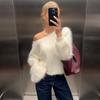Pullover in Peluche da Donna Moda Monocolore Largo High Street Maglioni Vintage Chic Senza Spalline Autunno Pullover Casual