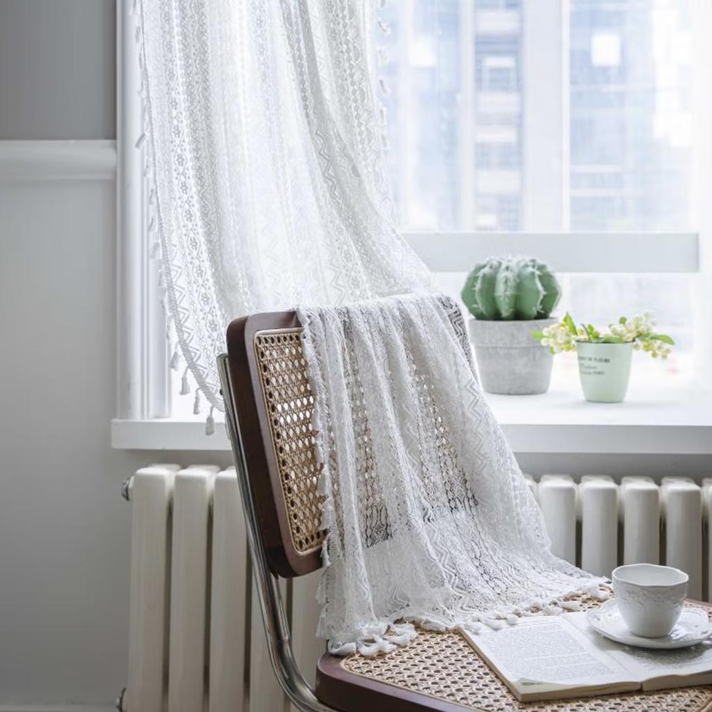 Vintage Geometric Wave Lace Curtain with Tassel, Romantic Semi Sheer Light Filtering Lace Drapes for Living Room Bedroom Kitchen, Multi-Size Available