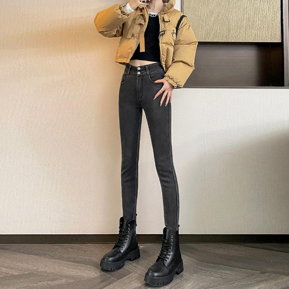 Versatile high-waisted double-buckle small-footed jeans for women, autumn and winter, small high-waisted personality, tight-fitting pencil jeans