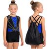 Kids Girls Gymnastics Dance Set Sleeveless Crisscross Back Shiny Rhinestones Color Block Metallic Leotard with Shorts Hairband and Drawstring Backpack