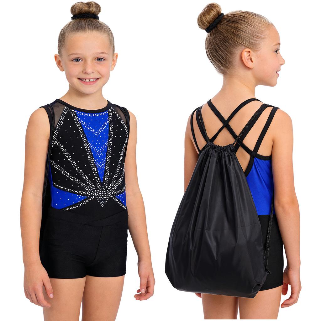 Kids Girls Gymnastics Dance Set Sleeveless Crisscross Back Shiny Rhinestones Color Block Metallic Leotard with Shorts Hairband and Drawstring Backpack