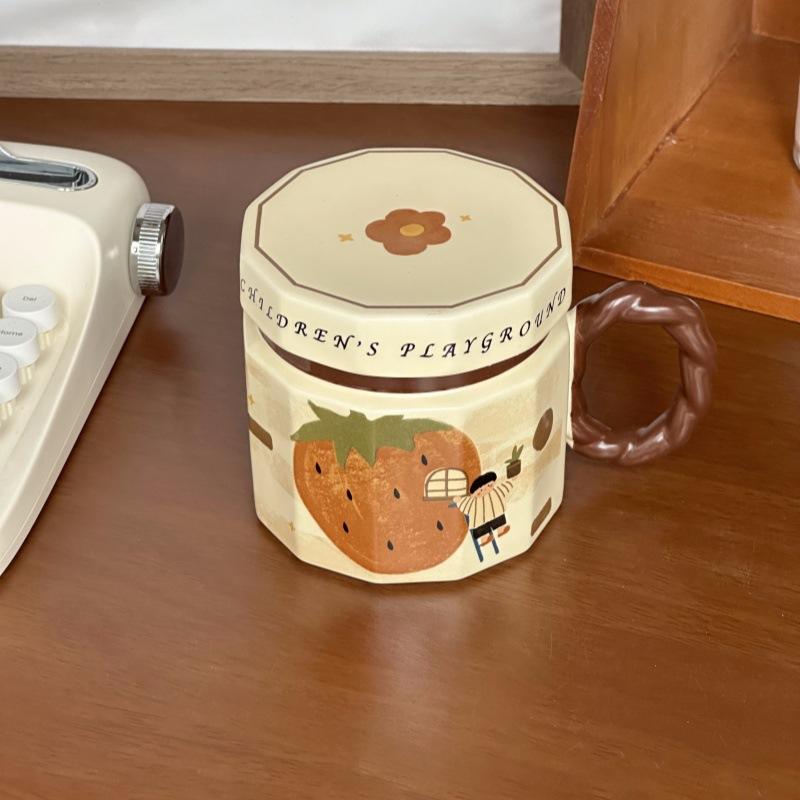 Maillard Becher Niedliche Keramiktasse mit Deckel Löffel Männlich und Weiblich Retro Wasserbecher Büro Kaffee Milchbecher 401-500ml