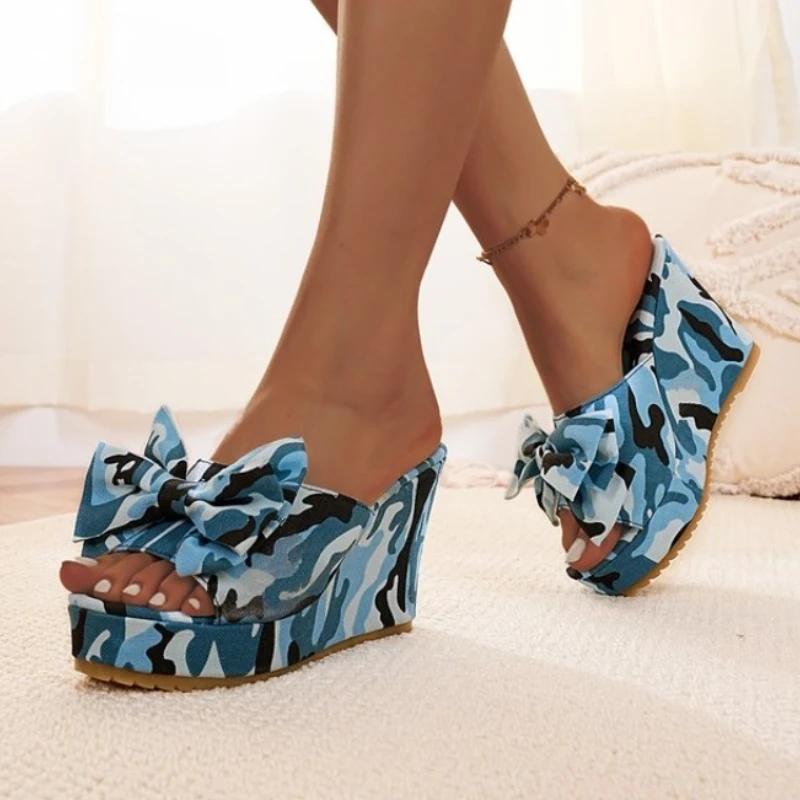Mode Damen Keilsandalen 2025 Große Größe Schuhe Damen Plateau Outdoor Sandalen Trend Slipper Bequem Schleife Hausschuhe Pantoletten Damen