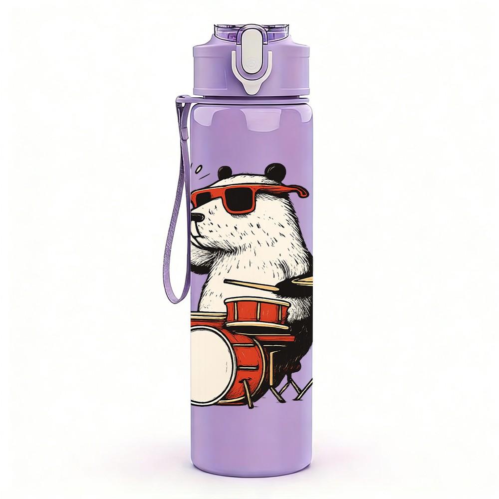 1PC Drumming Panda Cartoon 750ml Color Plastic Sports Water Bottle Leakproof Flip Straw Lid Suitable for Sports Office Home Use