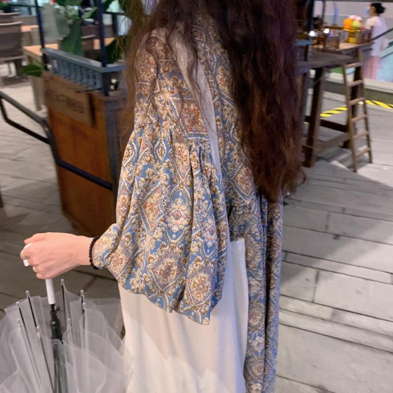 Summer Loose Retro Women's Floral Dress Lantern Sleeve V-neck Pleated Printed Women's Dress