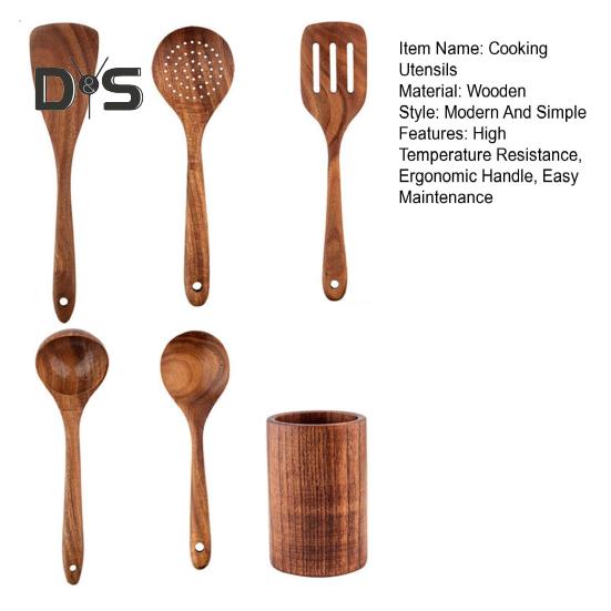 Set de ustensile de gătit din lemn 5/6 buc. Ustensile de bucătărie antiaderente cu suport Set de spatule de prindere confortabilă din lemn masiv Design ergonomic Ustensile de bucătărie pentru ușurință