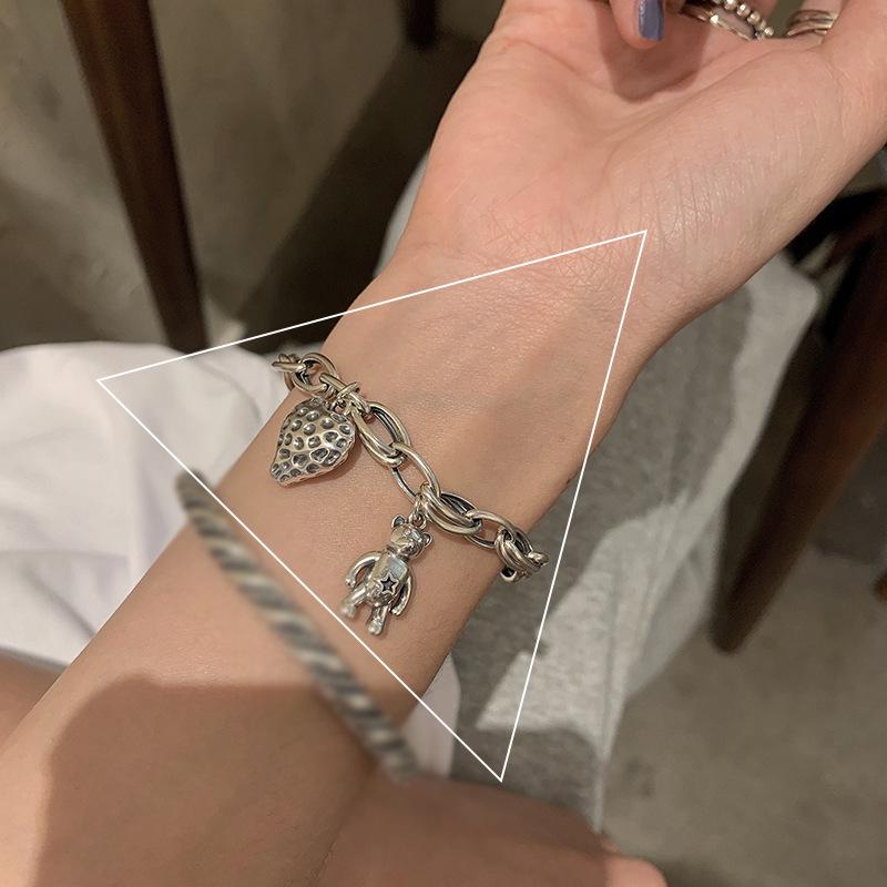 S925 Vintage Strawberry Bear Woven Bracelet for Women - Stylish and Versatile Design.