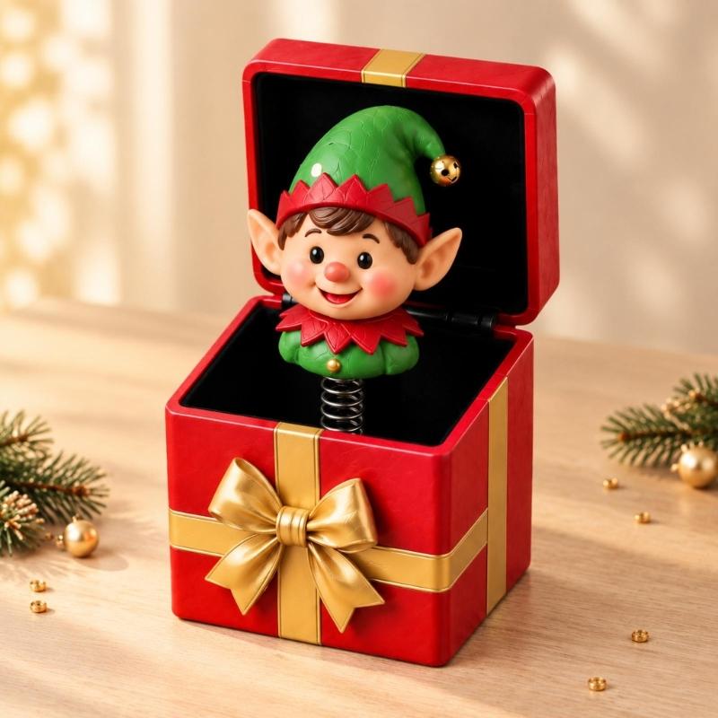 Hinged Christmas Gift Box Toy with a Spring-Mounted Figure That Rises As the Lid Opens for Holiday Gift Giving