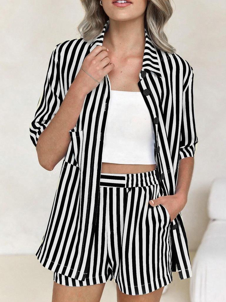 1116 new European and American style striped casual suit women's summer lapel collar short-sleeved shorts suit fashionable temperament wear