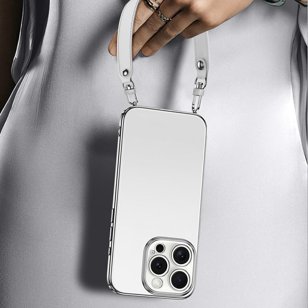 SULADA For iPhone 14 Pro Max Case Electroplating Ultra Clear Soft TPU Phone Cover with PU Wrist Strap