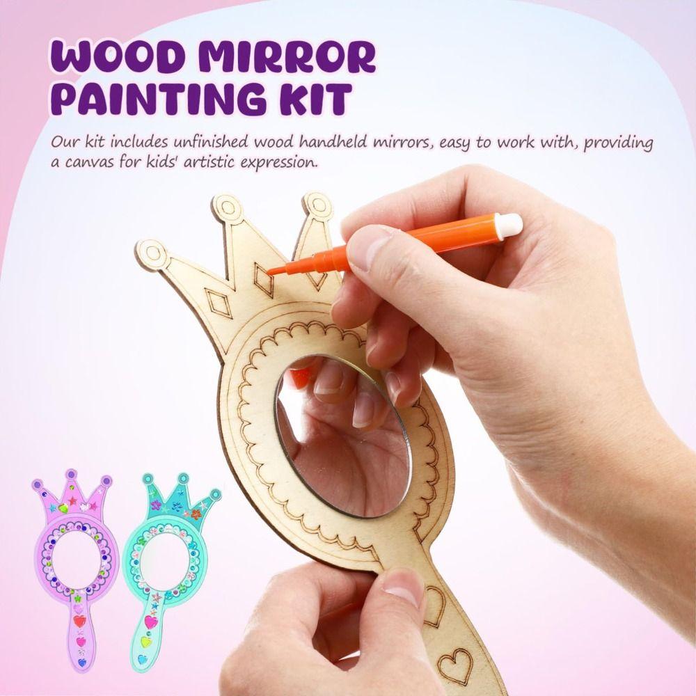 1 Set DIY Wooden Mirror Craft Unfinished with Paintbrushes Kids Decorate Mirrors Birthday Party Gift Princess Mirror Crafts