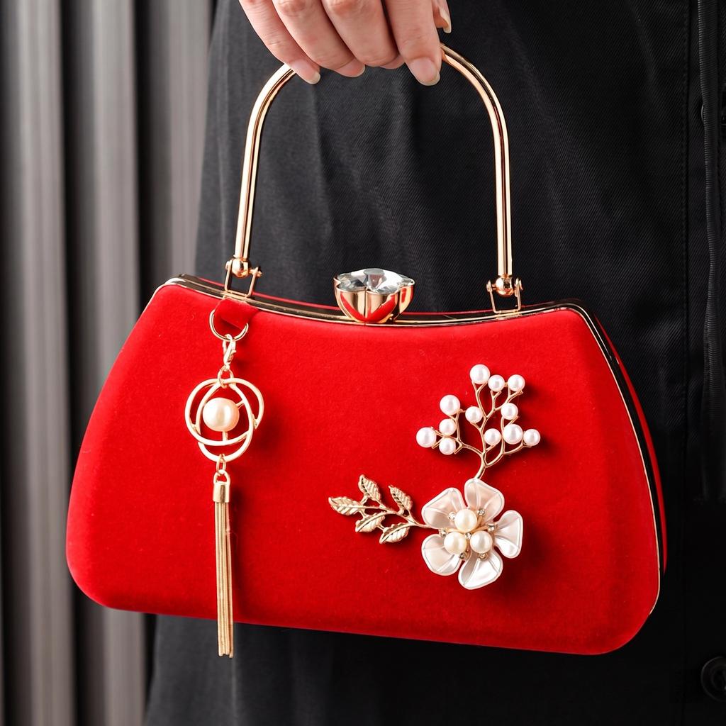 Vintage Red Handbag for Evening Woven Purse Wedding Party Fashion Flower Bag Cross Body Shoulder Purse Luxury Designer Pearl Bag