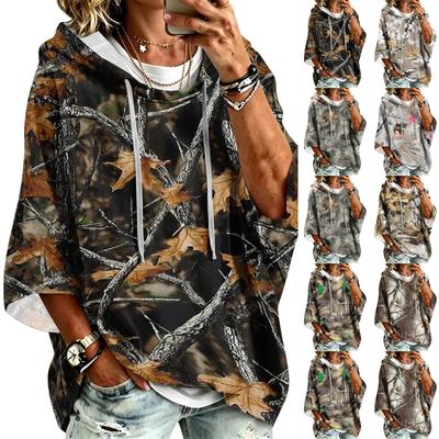 Women's Fashion Three-Quarter Sleeve Leaf Print Hooded Pullover Top