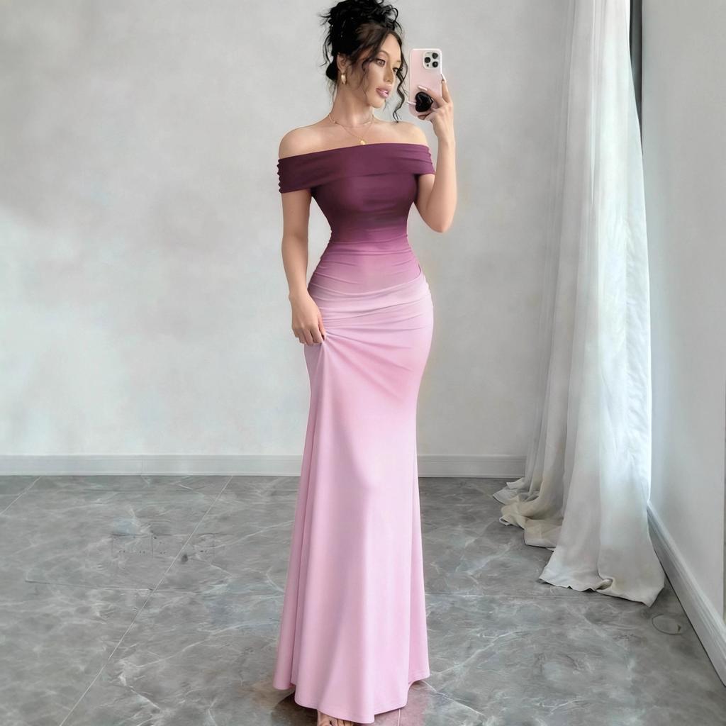 Off Shoulder Gradient Fishtail Maxi Dress