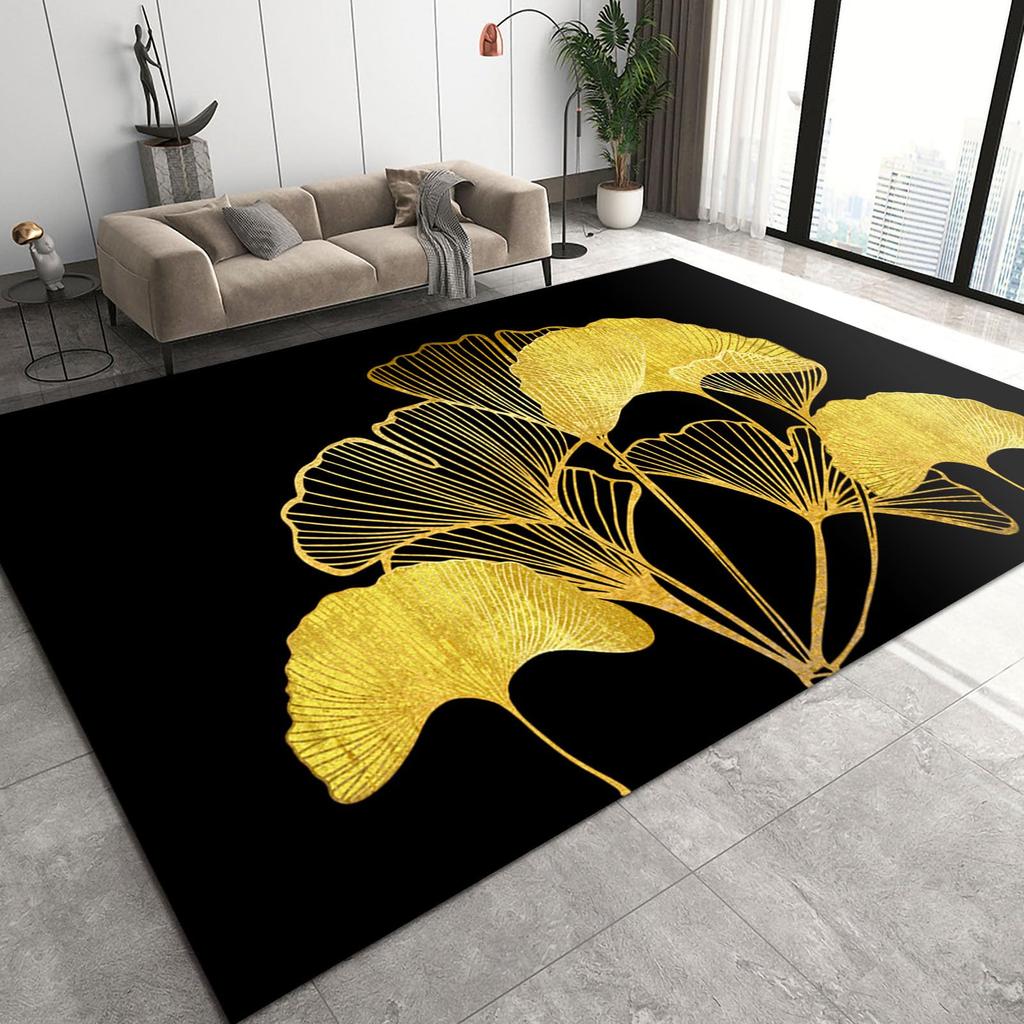 Abstrakt Schwarz Gold Pflanze Blatt Teppich Kunstdruck Design Teppiche für Schlafzimmer Nachttisch Rutschfest Zuhause Sofa Couchtisch Dekor Fußmatte