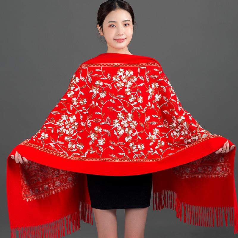 Women's Bright Red Embroidered Cashmere Cape Shawl for Autumn and Winter 2023