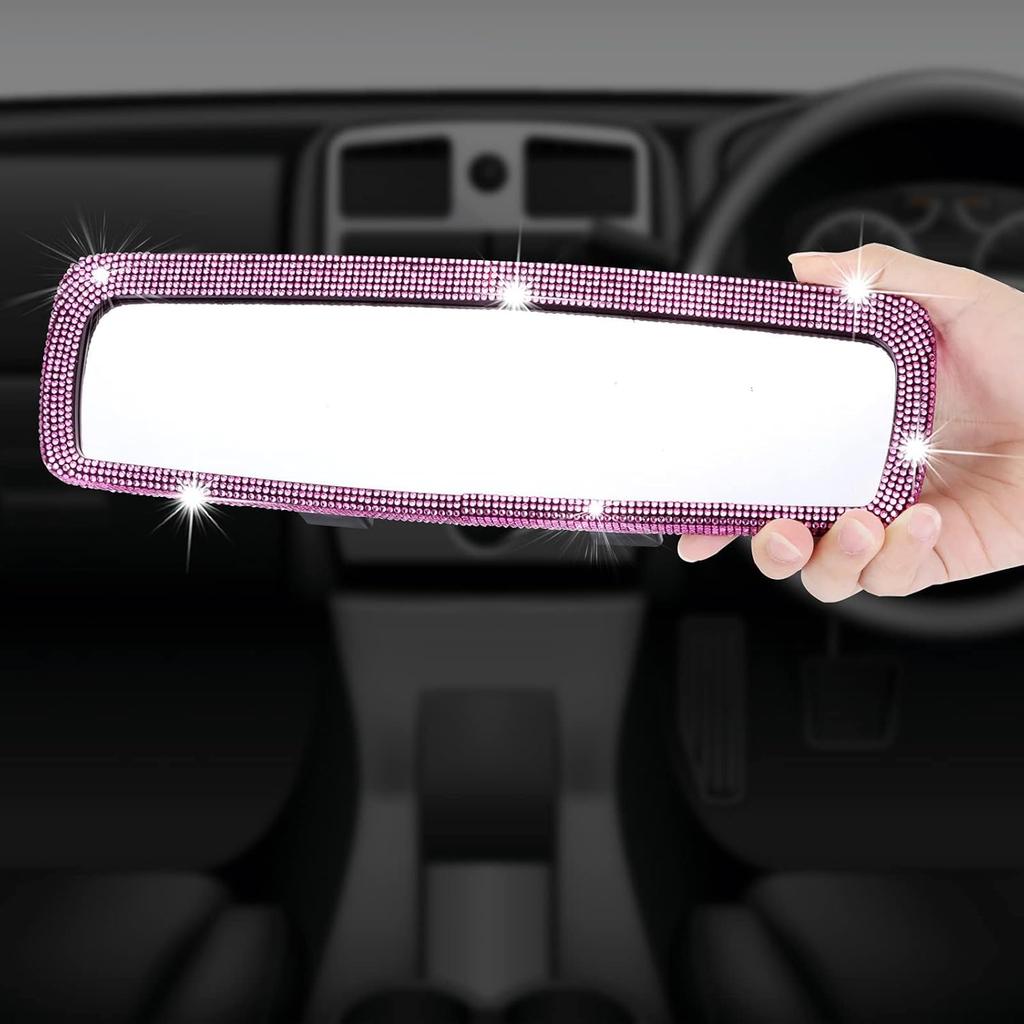 Bling Rhinestone Car Rear View Mirror with Crystal Diamonds Bling Rhinestones for Women,Car Interior Trim (Pink)