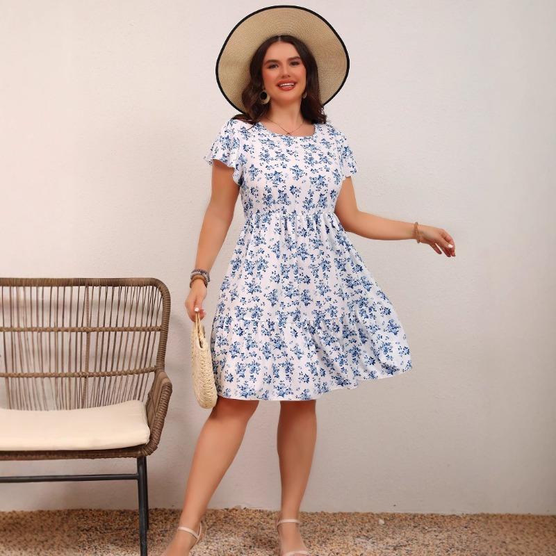Robe Douce de Vacances pour Femmes Printemps/été Col Rond Florale Mi-longue