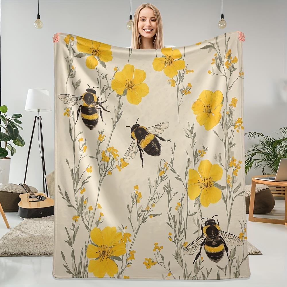 Bee Floral Pattern Fleece Blanket Botanical Design Soft Warm Throw Boho Interior Decoration Bedding Cover for Home 60x80