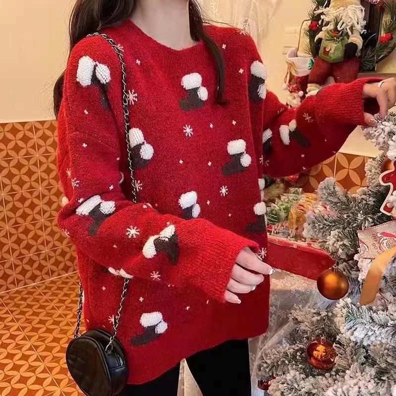 Schneeflocke Christma O-Ausschnitt Pullover Damenmode Langarm Herbst Winter Socken Print Strickpullover Chic Lady Jumper