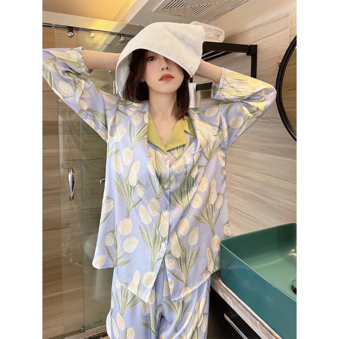 Butterfly Streetwear Women's Pajamas V-neck Button Casual Soft Pajamas Set for Women Autumn Winter New Sleepwear