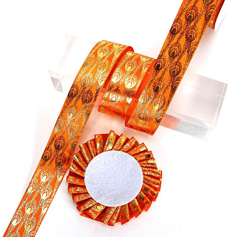 10 meter/rull påfuglfjærtrykt bånd Webbing silkebånd fjær gullbelagt bånd laserbånd 2,5x914cm