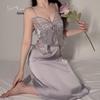 Silky Satin Lace Pajama Set with Chest Pad and Outer Robe - P4105