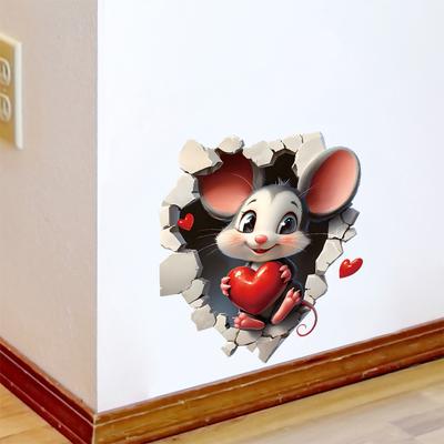 3D Cartoon Cute Mouse with Heart Valentine's Day Wall Stickers, Self-Adhesive Girly Room Decor Decals