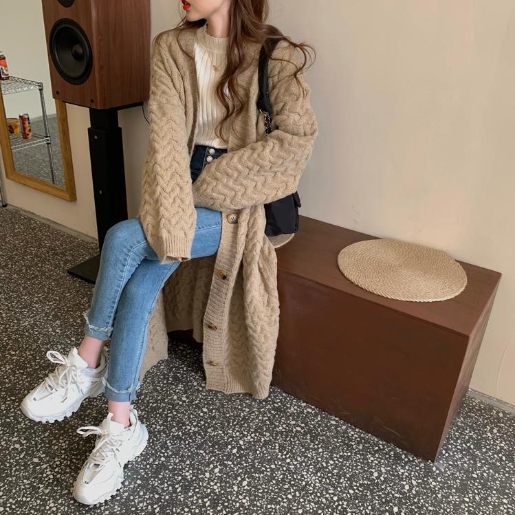 Damen Strickcardigan im koreanischen Stil mit Zopfmuster - Herbst/Winter, vielseitig, lockere Passform, dick