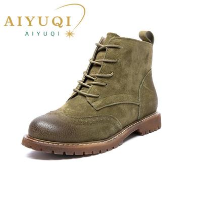 Women Shoes Genuine Leather Female Short Boots Suede Women Booties British Lace Retro Trend Suitable for Spring, Autumn and Winter Women Naked Boots