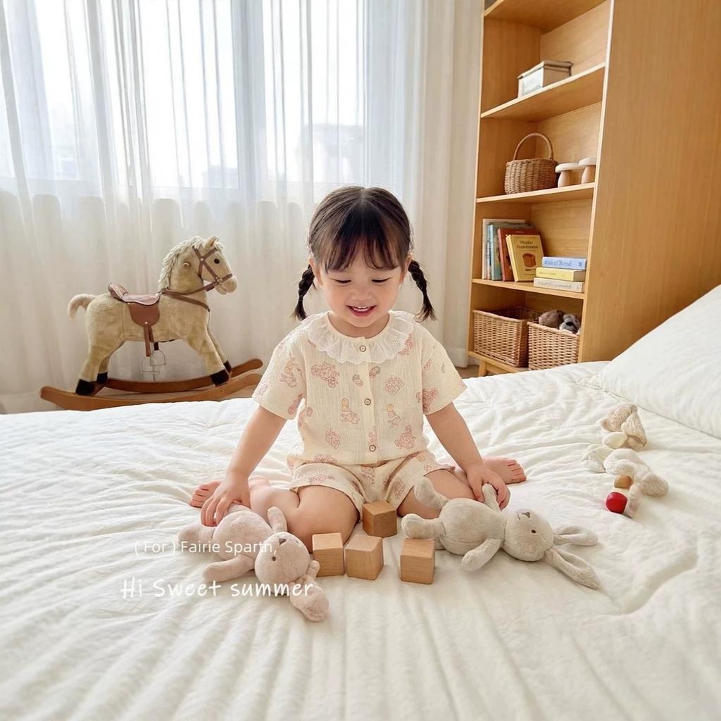 Summer Children'S New Short-Sleeved Loungewear Thin Boys And Girls Cotton Gauze Pajamas Baby Korean Lace Set