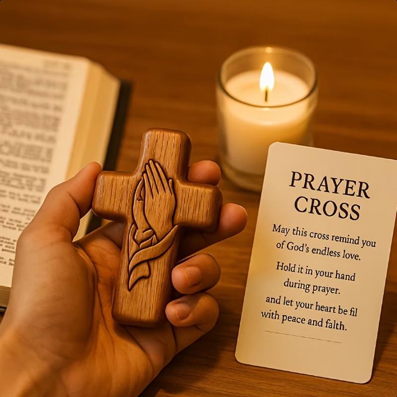 Small Pocket Prayer Cross With Card, Portable Wooden Prayer Cross Pocket Card With Bag For Easter Christmas Token, Church Favors