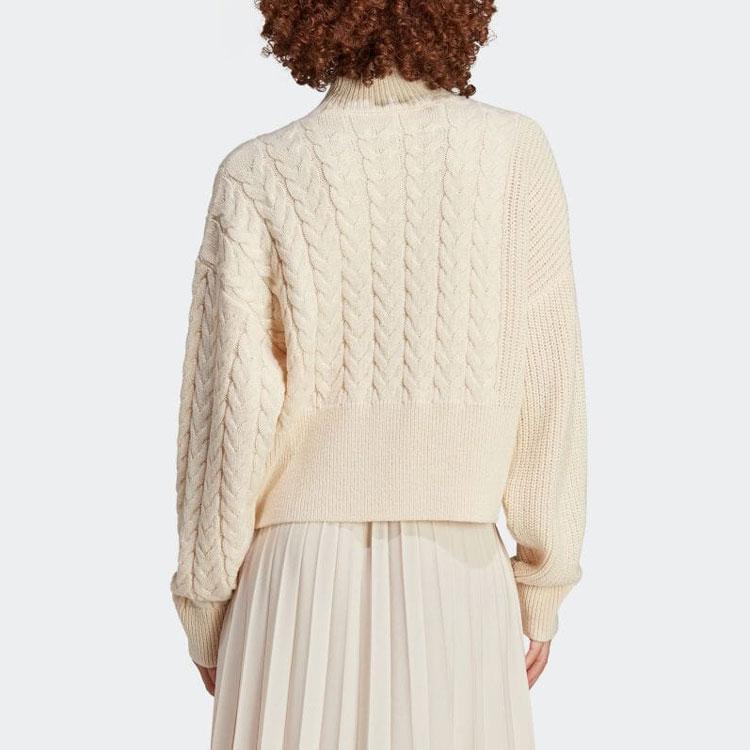 adidas Originals Trefoil Solid Logo Cable Knit Turtleneck Sweater Long Sleeve Women Tops Off-White IC5221