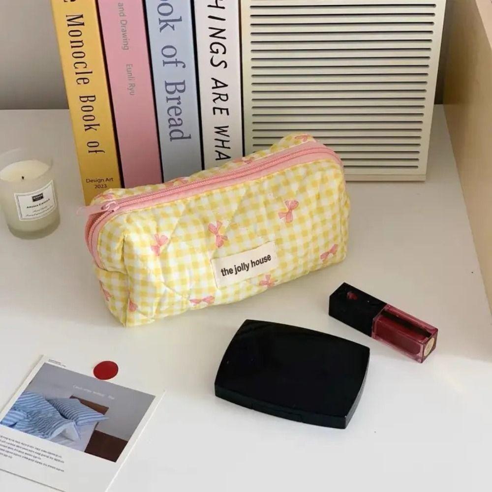Large Capacity Lattice Cosmetic Bag with Zipper Korean Style Cute Storage Bag Colorful Bow Pattern Portable Makeup Bag Outdoor