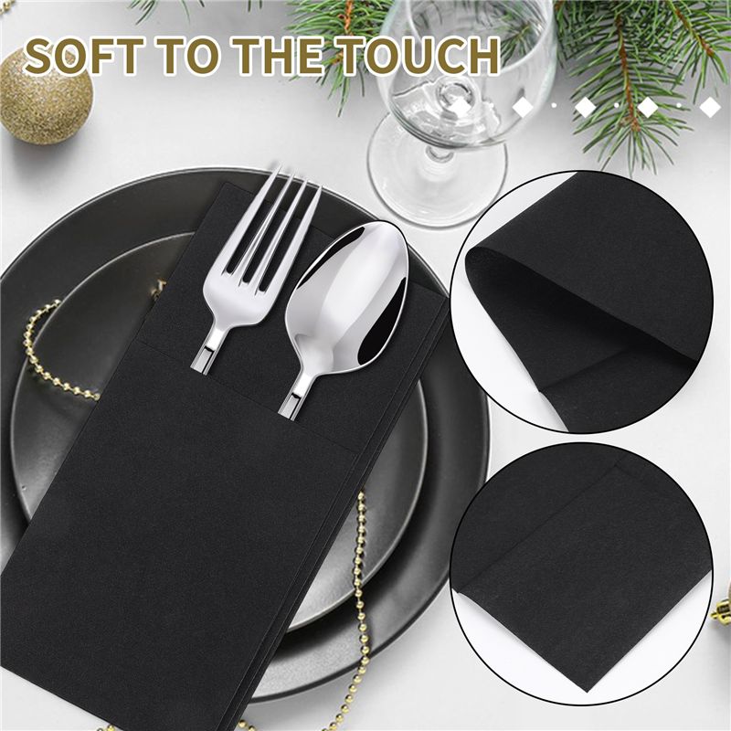 Good-50PCS Disposable Dinner Napkins With Built-In Flatware Pocket,Prefolded Cloth Like Paper Napkins For Wedding Party Black Du