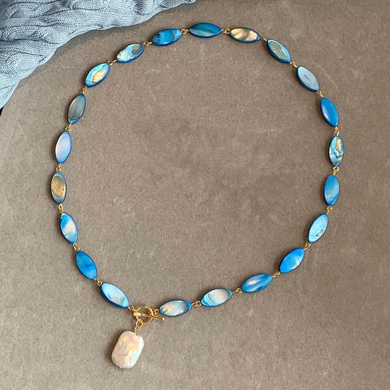 Новый Стиль Модный Синий Ракушечный Бисер Натуральный Барочный Пресноводный Жемчуг 14K Позолоченный Женский Кулон Ожерелье Подарки для Вечеринки 55cm
