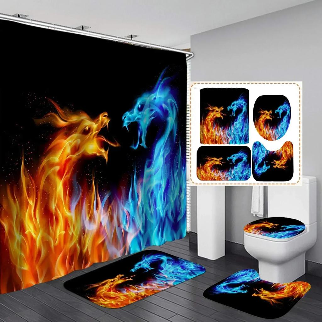 Flying Dragon Printed Waterproof Shower Curtain Set Toilet Cover Mat Non-Slip Bath Rugs Bathroom
