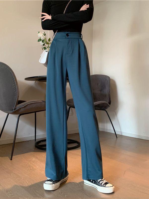 Korean Style Black Drapey High-Waisted Wide-Leg Suit Pants - 2024 Spring/Autumn