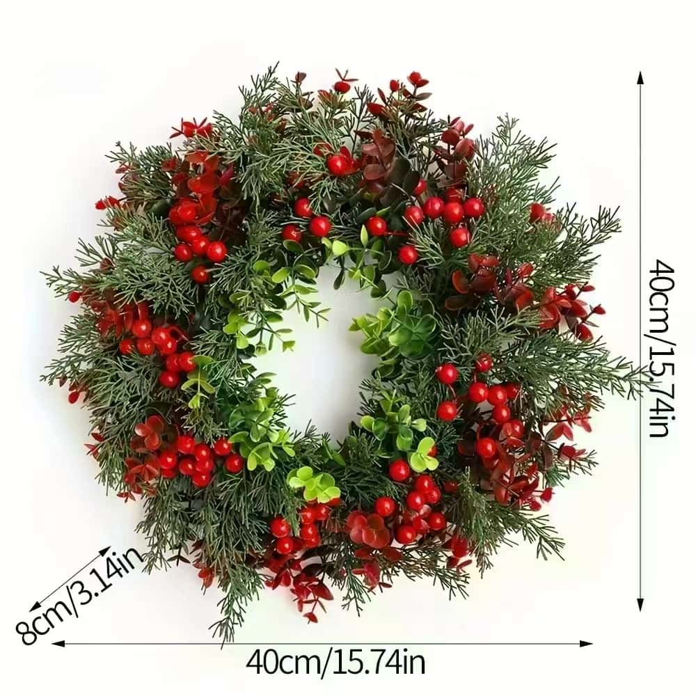 40cm Christmas Wreath with Red Berries - Artificial Eucalyptus Leaf Door Hanger, - Indoor and Outdoor Holiday Decor