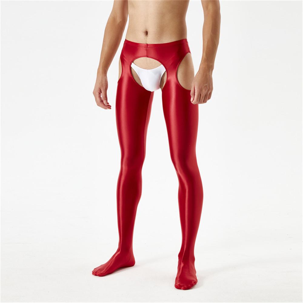 Sexy Men Candy Color Shiny Pencil Pants Sheer See Through Sexy Tight Smooth Elastic Fitness Hollow Out Gym Pants Open Crotch
