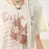Butterfly Print Drawstring Design Women's Short Sleeved T-shirt Summer Slimming Ladies Tees Korean V-neck Loose Top