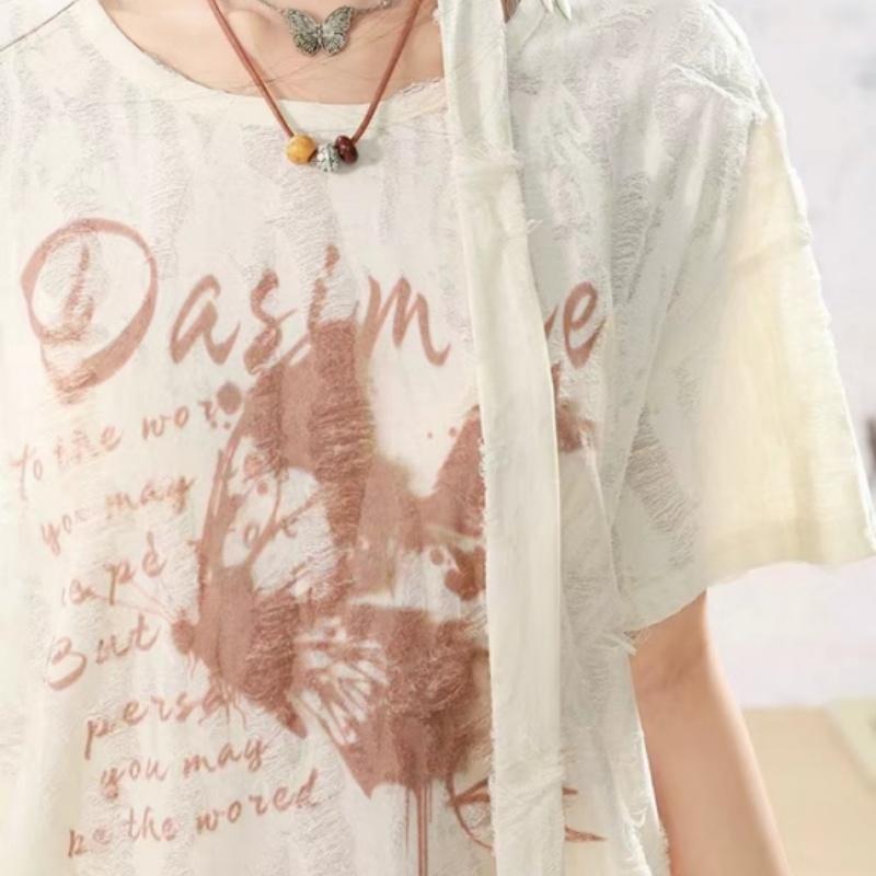 Butterfly Print Drawstring Design Women's Short Sleeved T-shirt Summer Slimming Ladies Tees Korean V-neck Loose Top