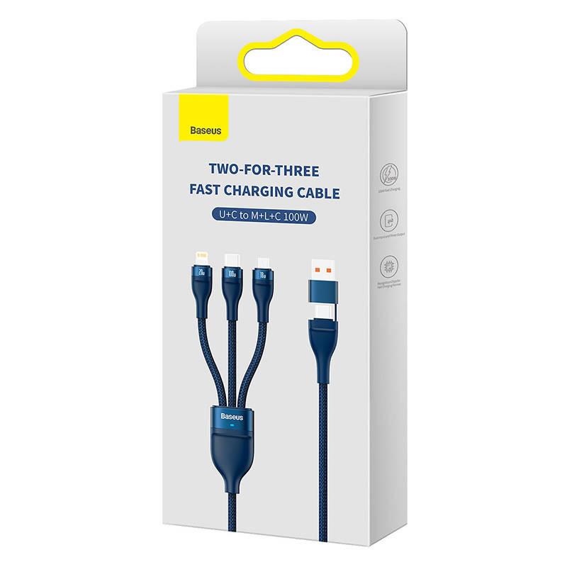 Baseus Flash Series 2 3-in-1 USB Cable, USB-C + Micro USB + Lightning, 100W, 1.2M (Blue)