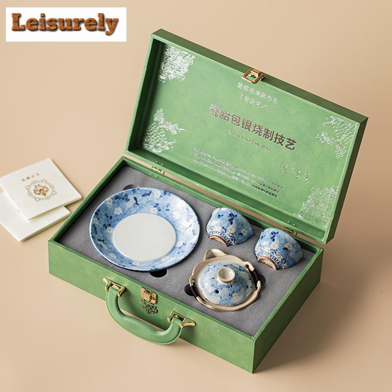 Blau-Weiß Ru-Ofen Porzellan Teegeschirr Komplettes Set Handgefertigtes Teezeremonie Set Teezubereitung Teekanne und Teetasse Set Teegeschirr Handwerk