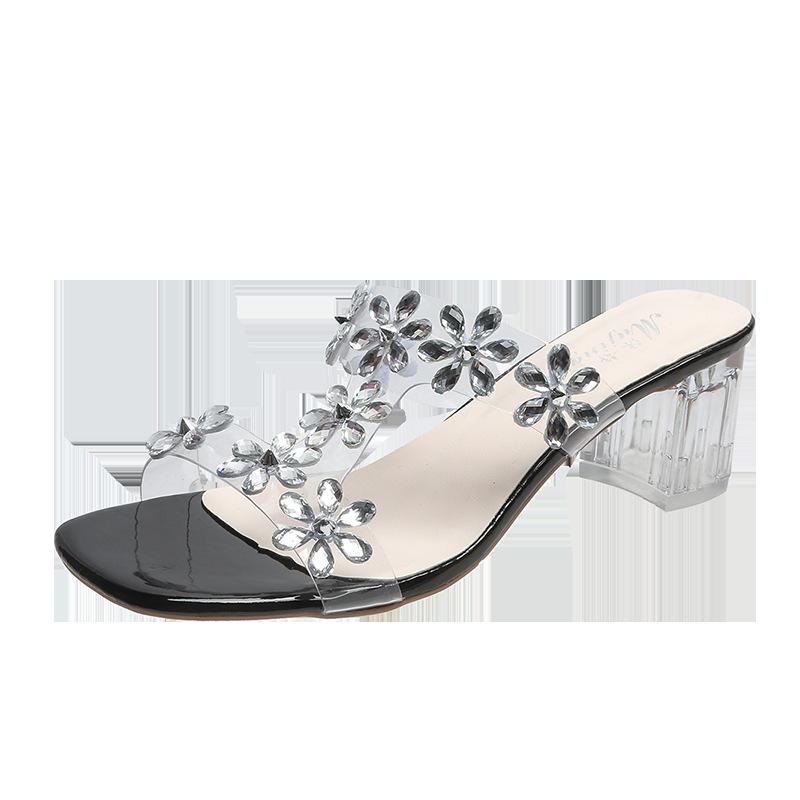 Rhinestone flower high heels 2025 summer skin tone thick heel crystal shoes Internet celebrity one font transparent high heel slippers women
