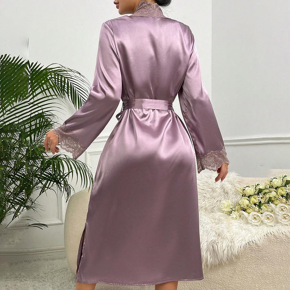 Satin Lace Sleepwear Set Luxury Long Sleeve Robe Cooling Nightgown Sexy Loungewear Bathrobe Women Elegant Home Dress