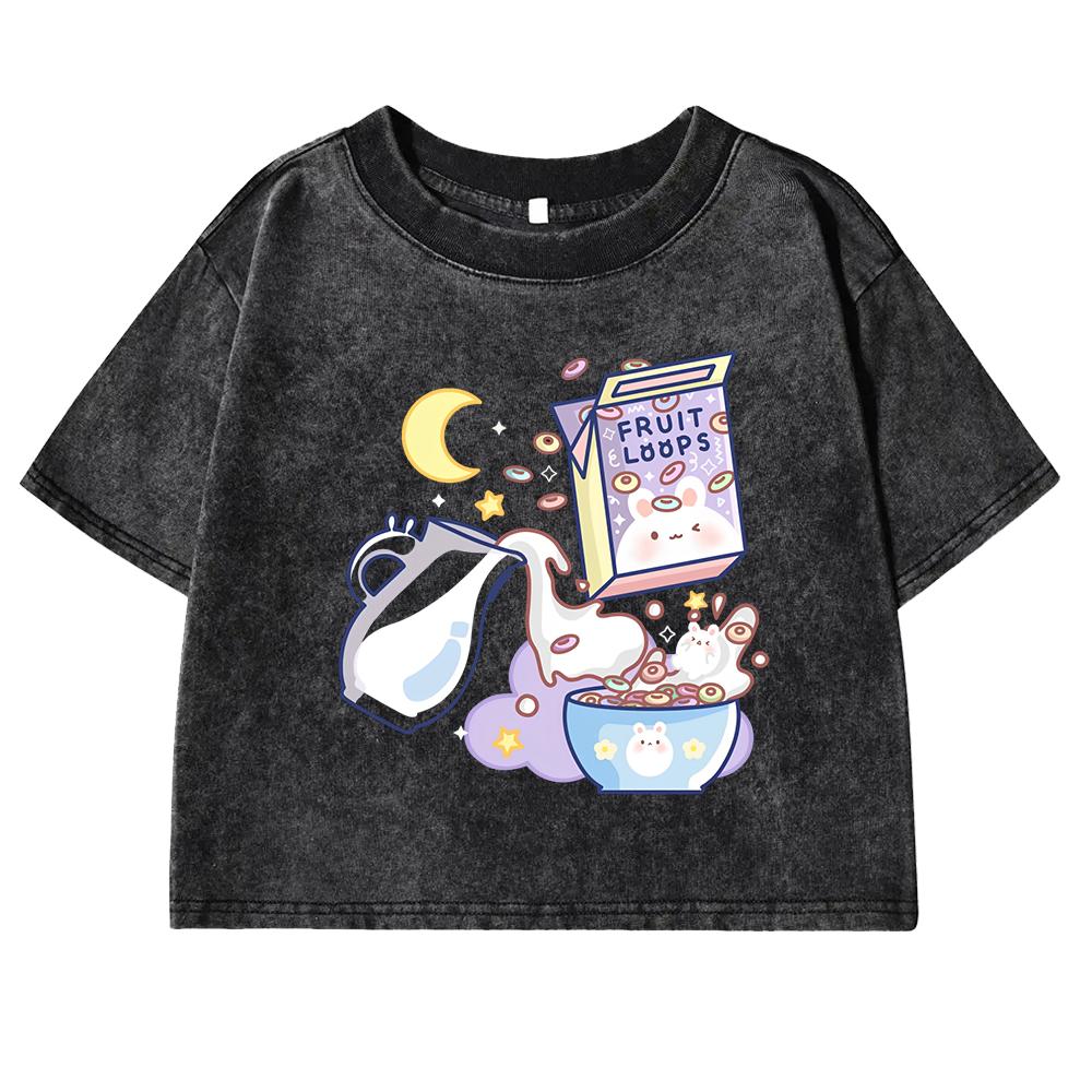 Vital Breakfast Fruit Loops White Milk  Print Womens Crop Top Washed Street Retro Tee Fitness  Short Sleeve