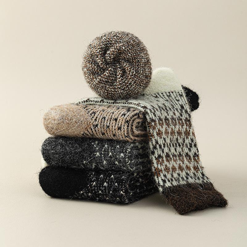 Wool Warm Retro Socks Women'S Medium Tube Socks Thickened And Velvet Ethnic Style Winter Stockings Women'S Pile